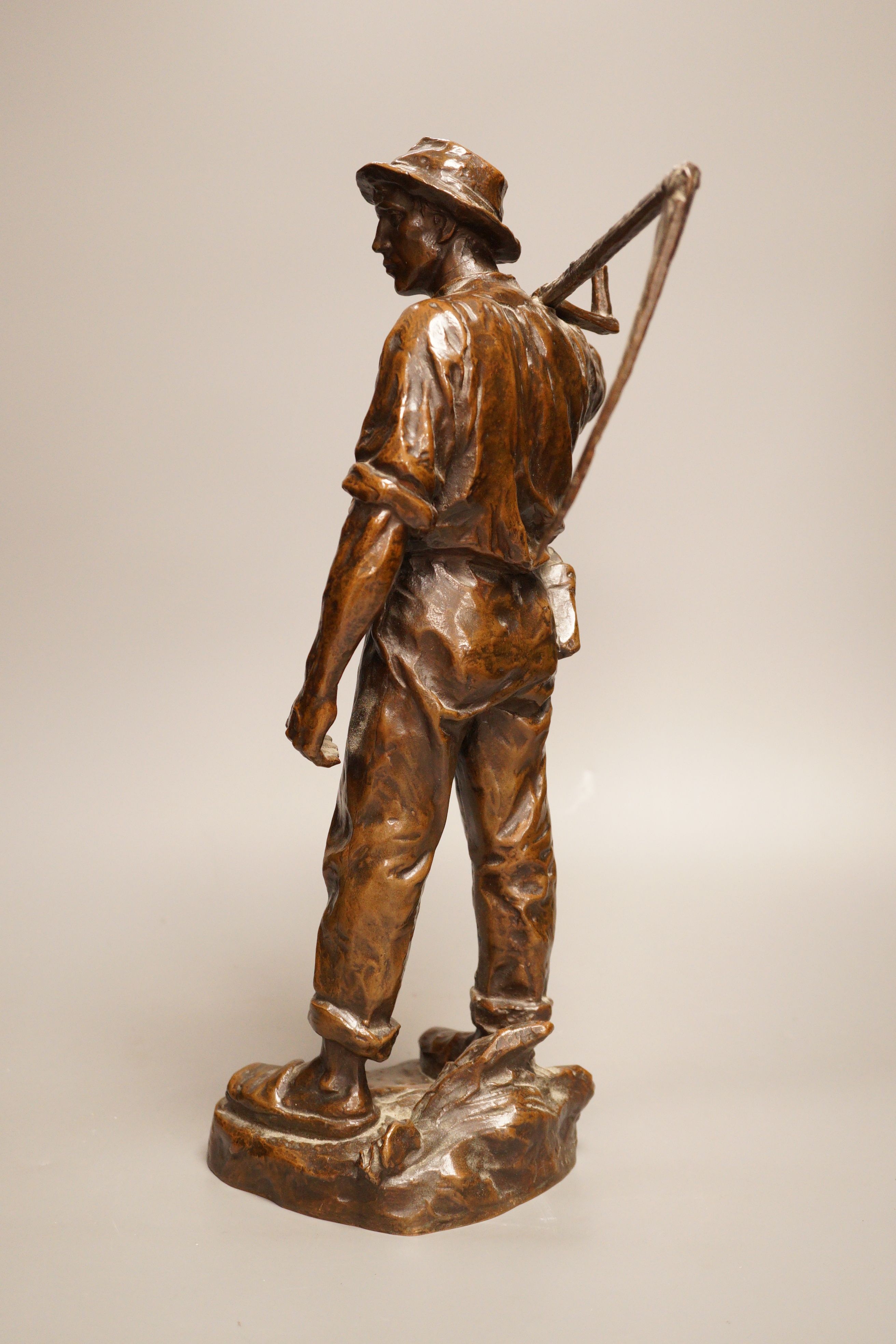 Hans Muller (Austrian, 1837-1937) a bronze group of a farmhand with scythe, signed to base, 39cm tall